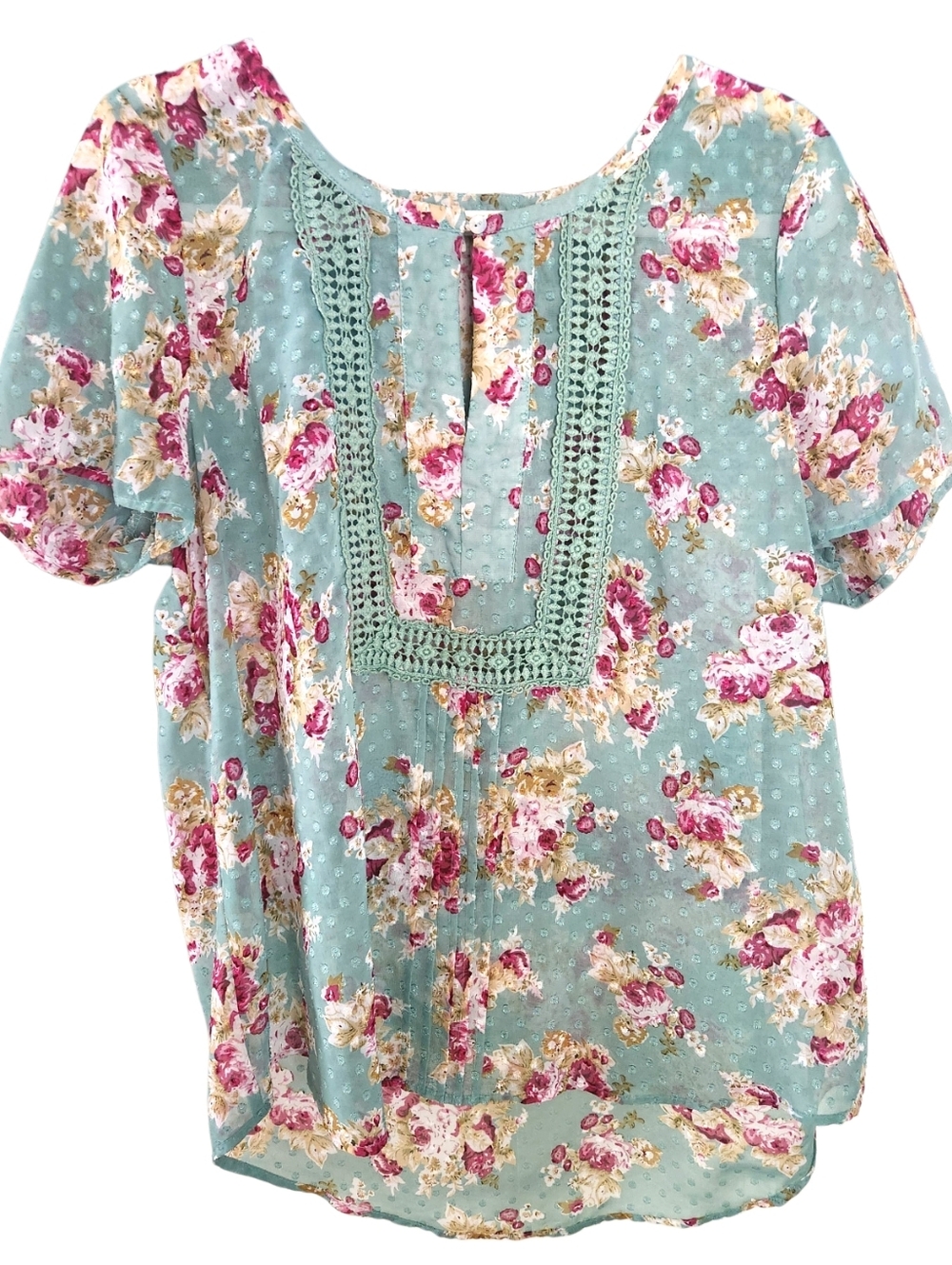 Daniel Rainn Semi-Sheer Seafoam Green Flocked Floral Crochet Bodice Top LG